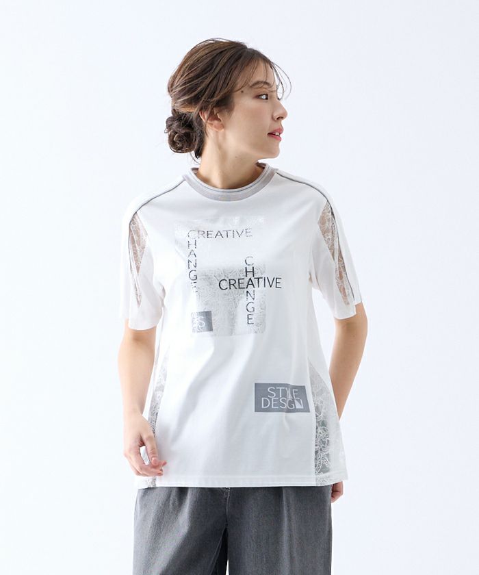 Rossa インポートロッサ スタンドネック 半袖 レース切り替え チュニック